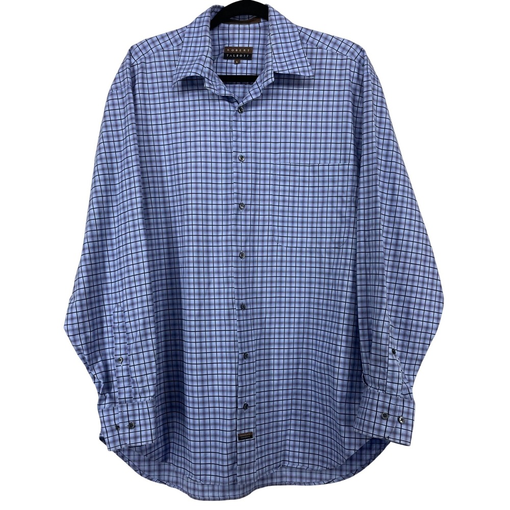 Robert Talbott Size Large Button Down Shirt Blue Brown Grid Check Cotton Mens